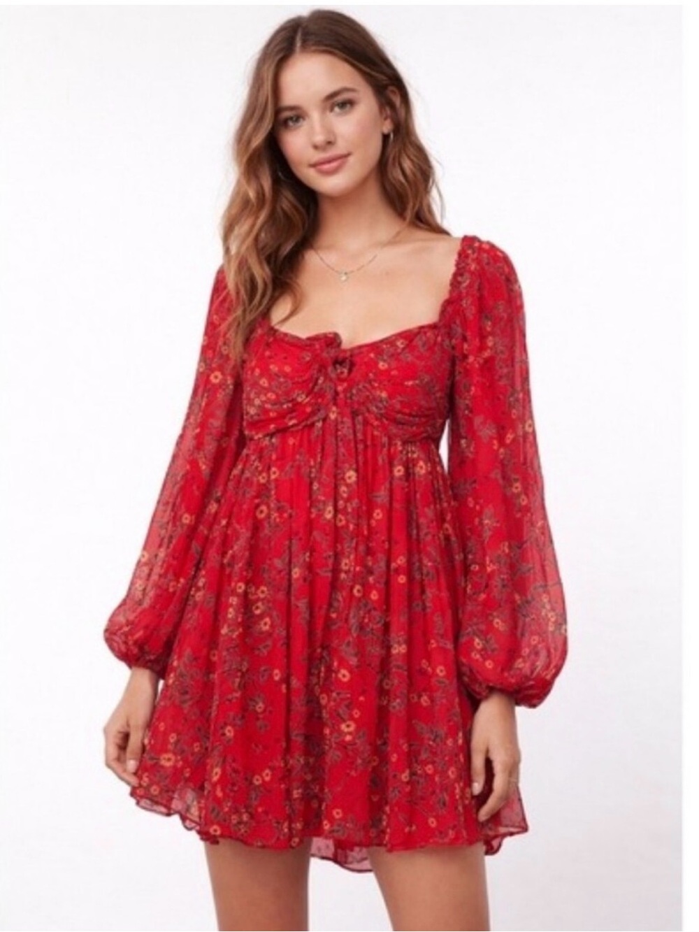 Letmebe Red Floral Long-Sleeve Mini Dress